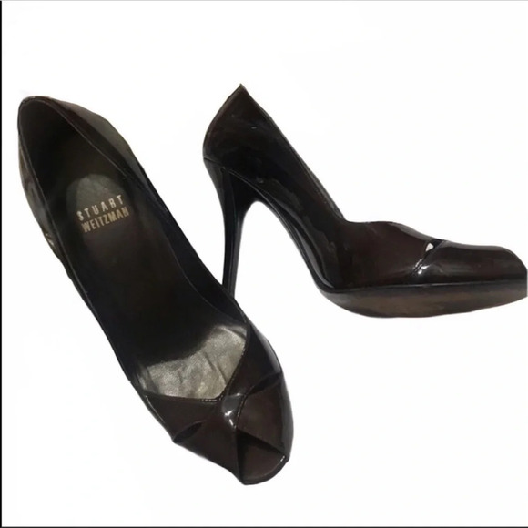 Stuart Weitzman Brown Patent Peep Toe 4” Heels 7 - Picture 1 of 8